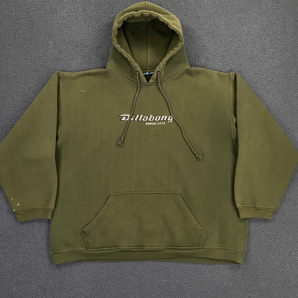 Vintage 90s Y2K Billabong Hoodie FITS Mens XL Green Fleece Boxy Surf Skate Faded